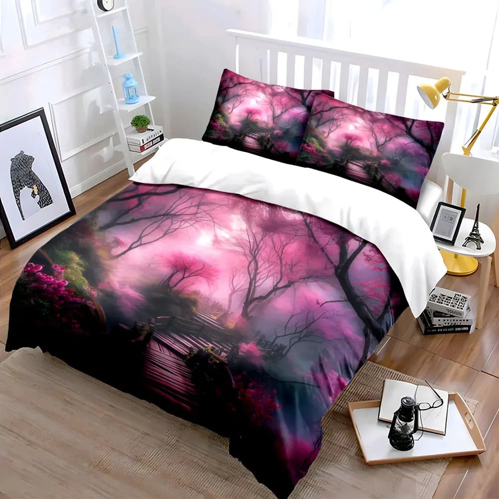 Set di biancheria da letto Pink Forest Landscape Set Decor con 1 copripiumino e 2 federe, singolo, matrimoniale, king size, queen size, regalo