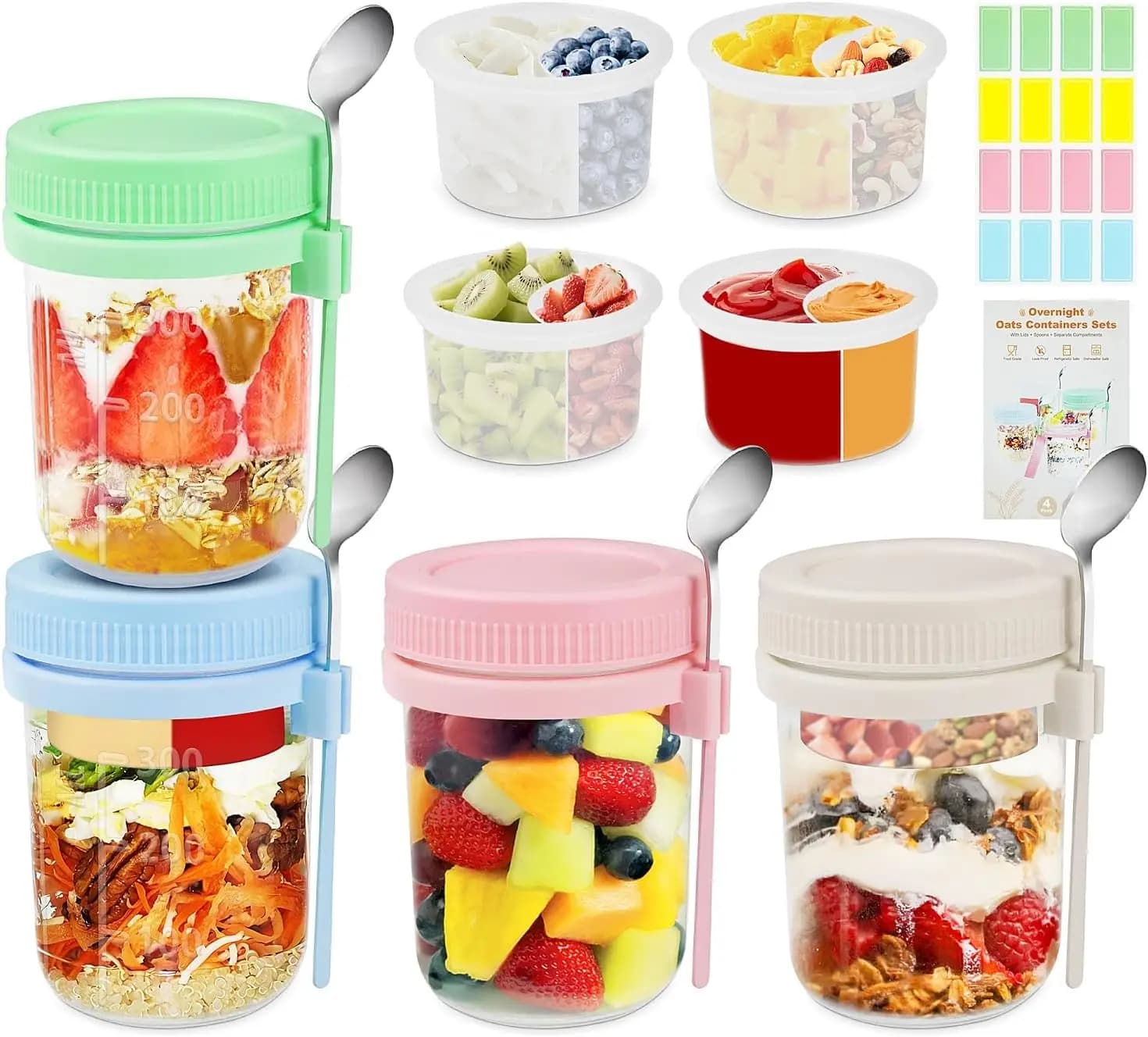 Set di 4 Barattoli in Vetro da 16oz per Overnight Oats con Coperchi, Cucchiai e Divisori - Contenitori Ermetici per Preparazione Pasti