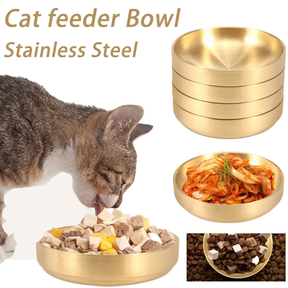 Ciotola per cibo per gatti da 4 pezzi, in acciaio inossidabile, forma rotonda, ciotola per cani e gatti, piatto poco profondo con apertura ampia, forniture per l'alimentazione e l'abbeveraggio degli animali domestici