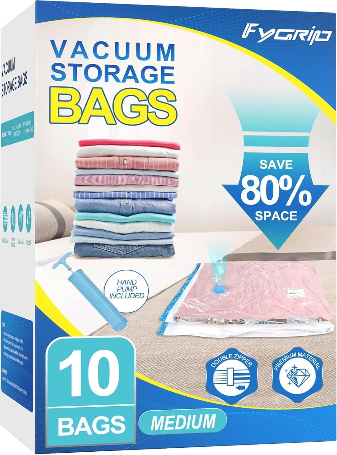 Vacuum Storage Bags with Hand Pump, 80% Space Saver for Clothing Travel, 10 Medium