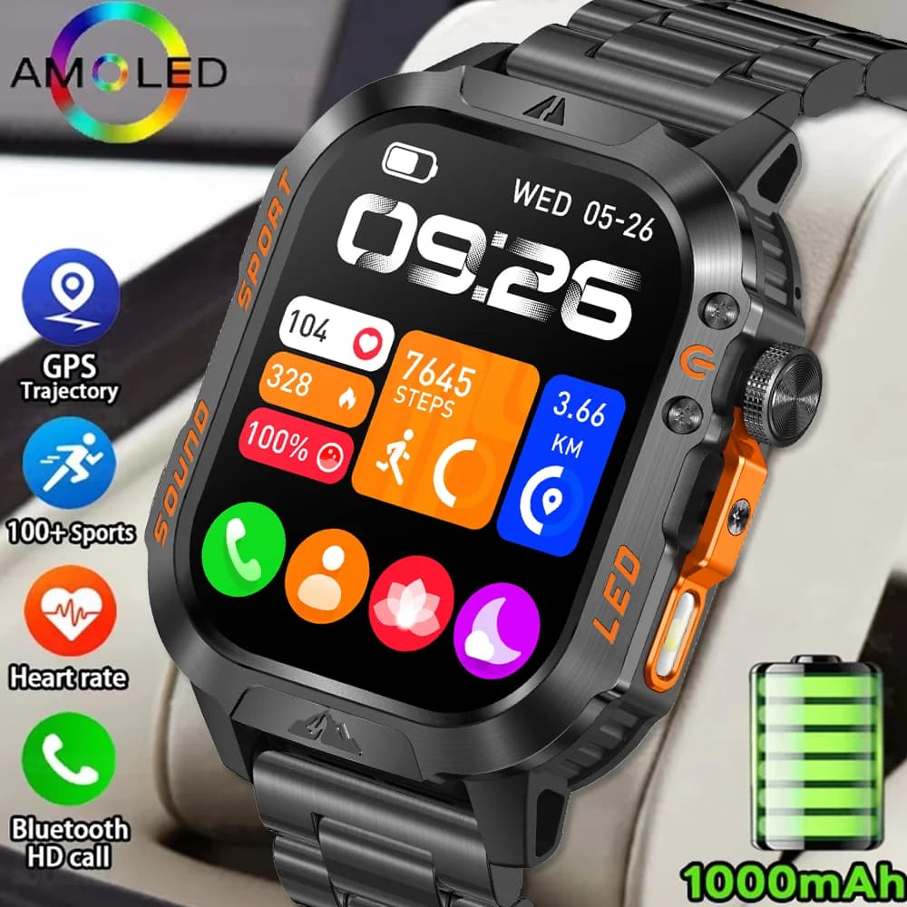 Nuovo Smartwatch Militare da Esterno 1200mAh per Uomo con Torcia LED, Impermeabile IP68, GPS, Sportivo, Display da 2.01 Pollici, Chiamate Bluetooth, Modello 2026
