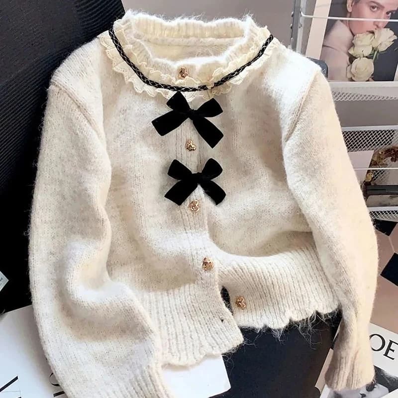 Women Knit Cardigan Sweet Preppy Bow Button Patchwork Spring Autumn O Neck Sweater French Small Fragrance Long Sleeve Chic Tops