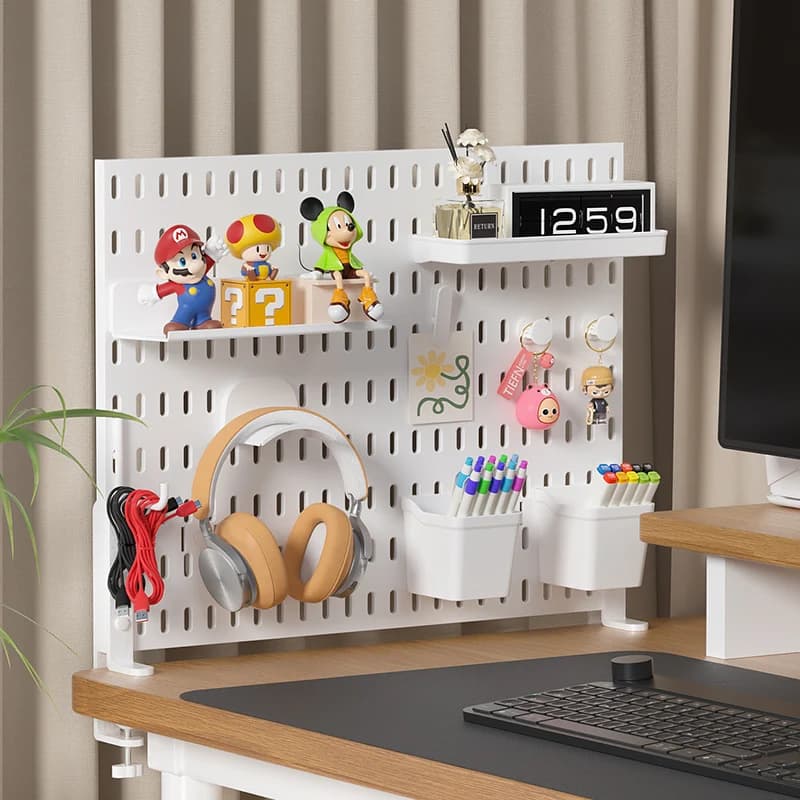 Organizer da scrivania in plastica per pannelli forati – Universale per ufficio e uso domestico, perfetto per riporre mouse/tastiera e visualizzare oggetti da collezione