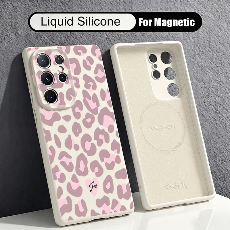 Liquid Silicone Magnetic Phone Case For Samsung Galaxy S26 S25 S24 Ultra Plus S23 S22 Ultra For Magsafe Leopard Patterned Cover