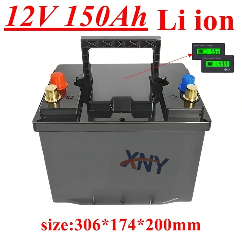 XNY Batteria agli ioni di litio impermeabile 12V 150AH agli ioni di litio con BMS per inverter da 1200W Pannelli solari scooter Go Cart RV + Caricatore 10A