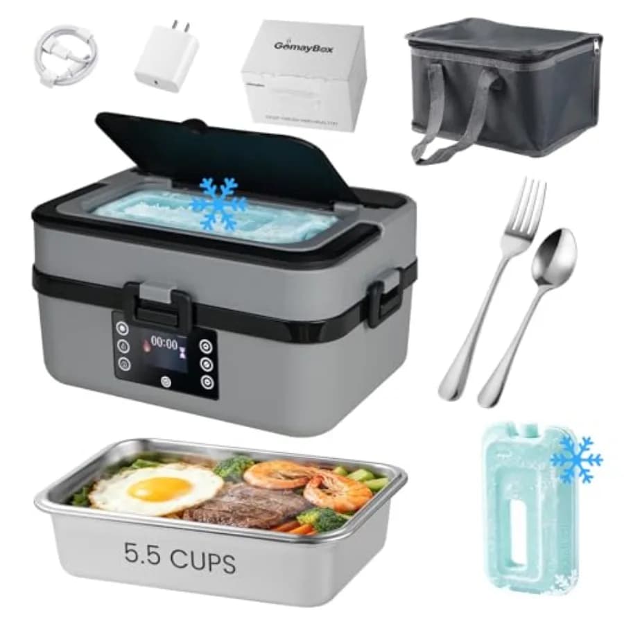 Portable cordless heated lunch box with ice pack, stainless steel, black, rechargeable 12V battery for all-day warmth and cooli