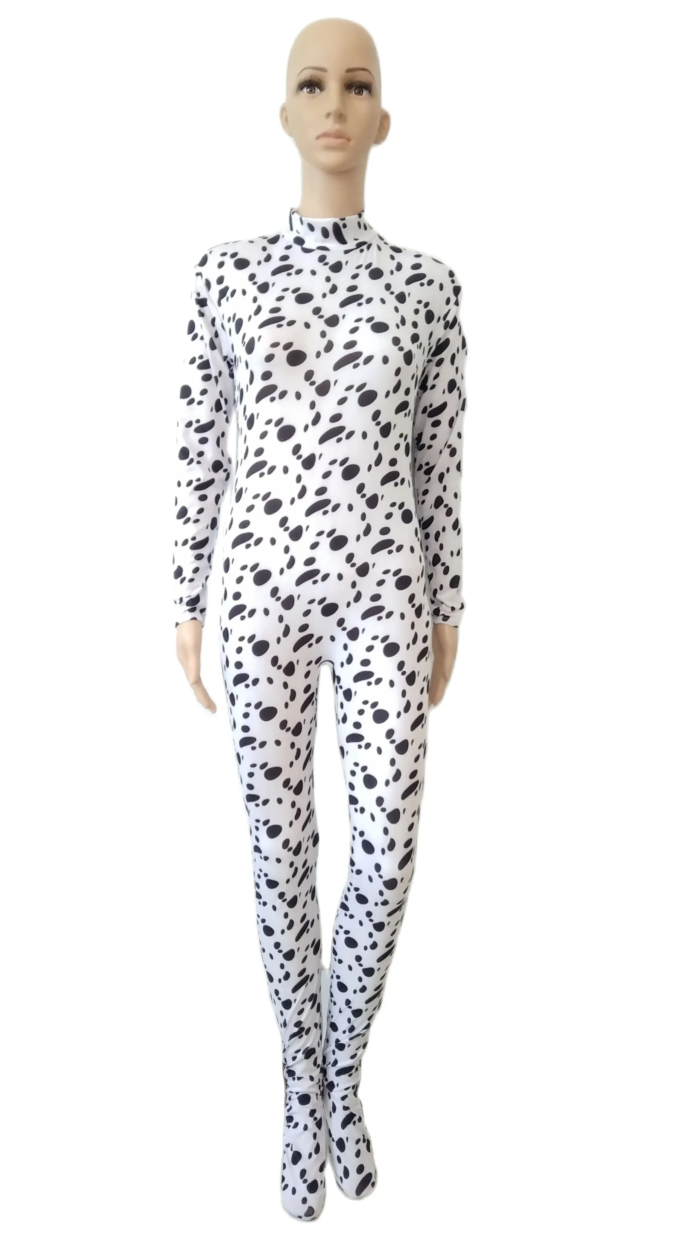 Halloween cosplay costume animal Dalmatian dog Black white spots tights jumpsuit Bodysuit Zentai Suits Fancy Removable Glove