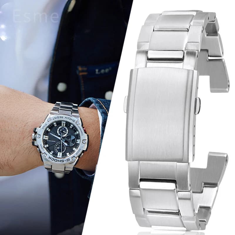 Per Casio GST-B100 Cinturino per orologio in acciaio con interfaccia concava per uomo GST-W300/S310/400G/410 Bracciale per orologio 26x14mm Acciaio nero