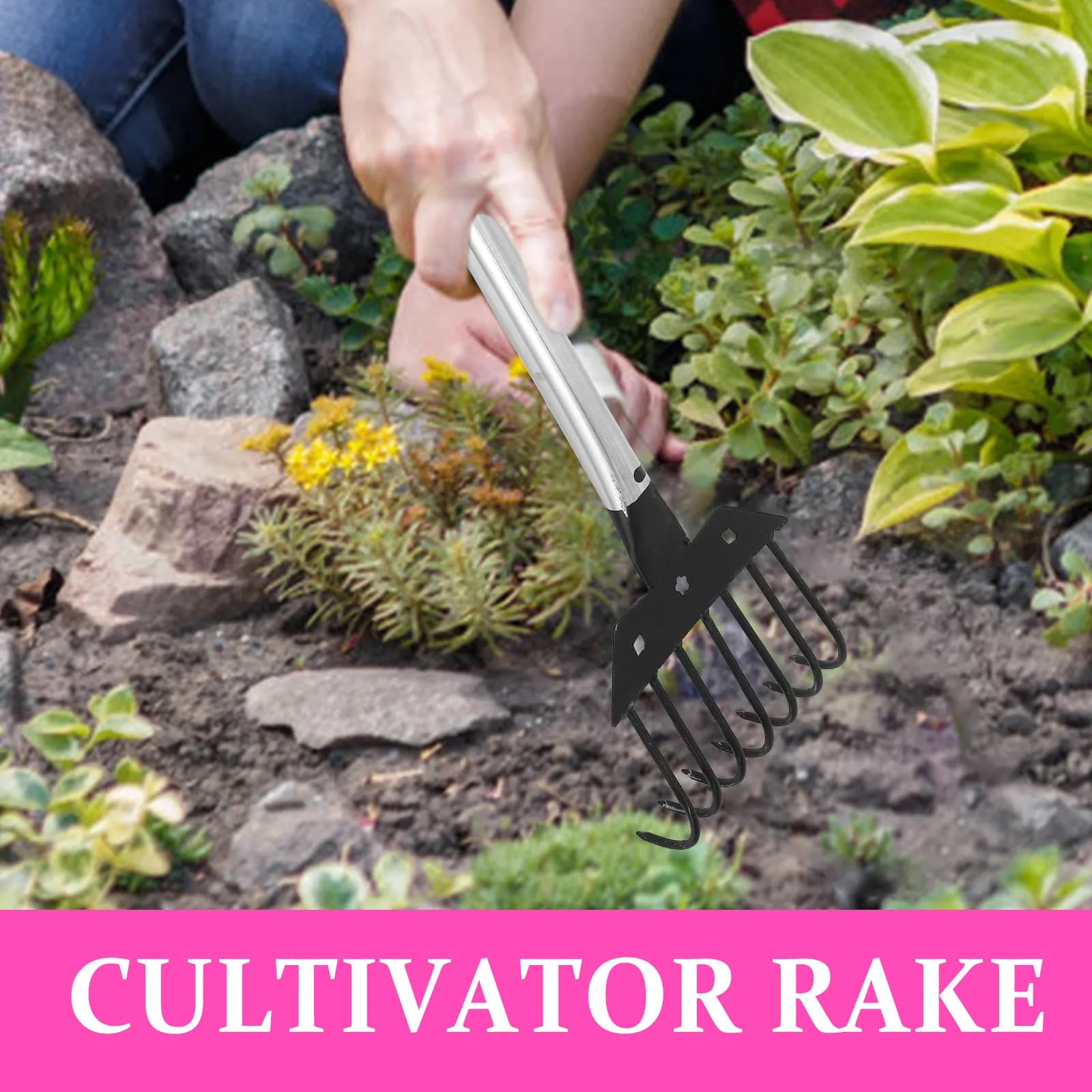 Rastrello da Giardino a 7 Denti per Dissodare il Terreno, Scavare, Piantare e Innaffiare, Strumento Ergonomico Leggero per Coltivazione, Attrezzi da Giardinaggio