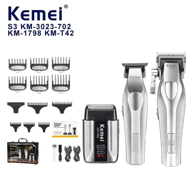 Kemei Barber Professional Hair Clipper Set Cordless Hair Trimmer Full Metal Body Razor Electric Foil Shaver Hair Cutting Machine