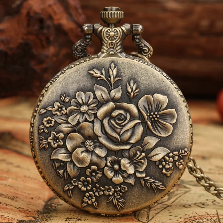 3D Rose Flower Pocket Watch Punk Bronze Quartz Vintage Pocket Watches with Necklace Chain Valentine's Day Souvenirs Gift Clock