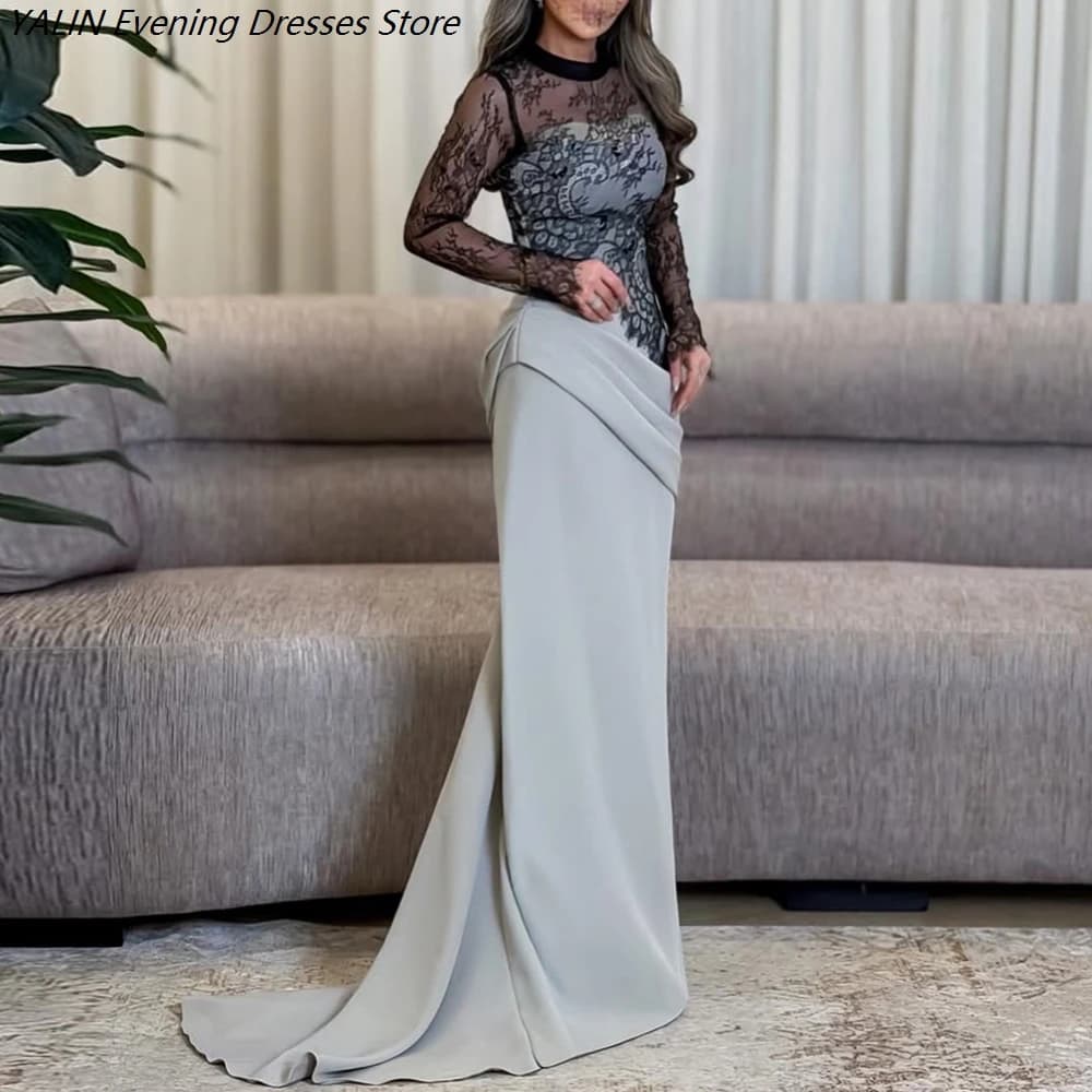 Women's Mermaid Evening Dresses Floor-length O-neck Full Sleeve Prom Dresses Fashion Lace Pleat Simple Draped Customized Gowns