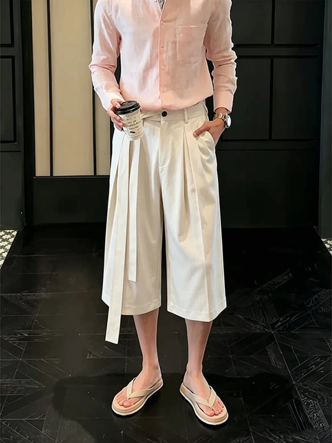 Men's A-Line Pleated Chino Pants Summer CleanFit Premium Feel Straight Drapey Belted Casual Trousers Old Money Style