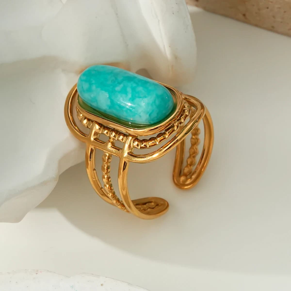 Fashion light luxury turquoise ring 14k gold plated double oval opening ring jewelry Waterproof and sweat proof