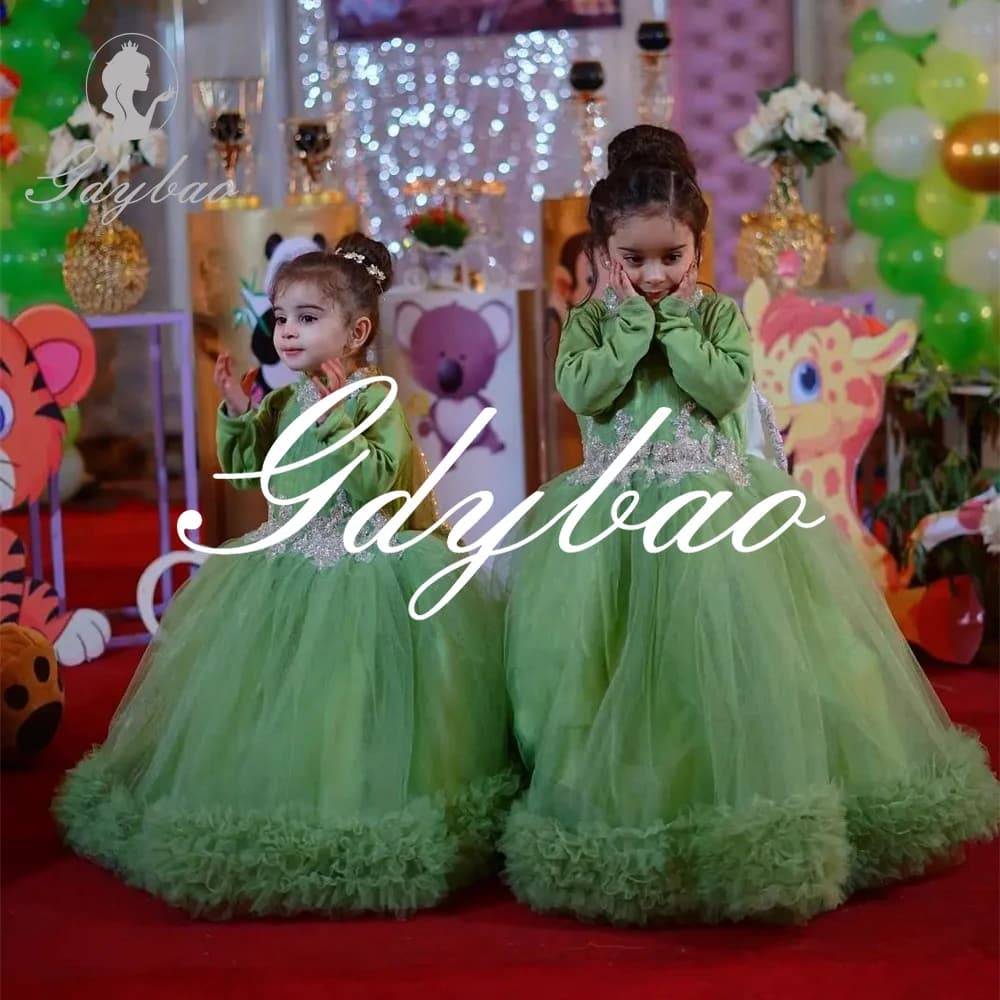 Abito da ragazza di fiore con paillettes lucide, collo alto, linea lunga, abito da prima comunione con pieghe in tulle, lunghezza fino al pavimento, personalizzato