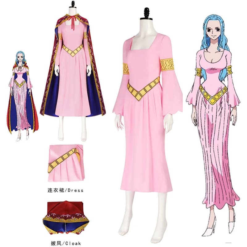 Anime Womens Nefertari Roler Cosplay Costume Pink Cloak Dress Wig Princess Maid Dress Halloween Christmas Outfit