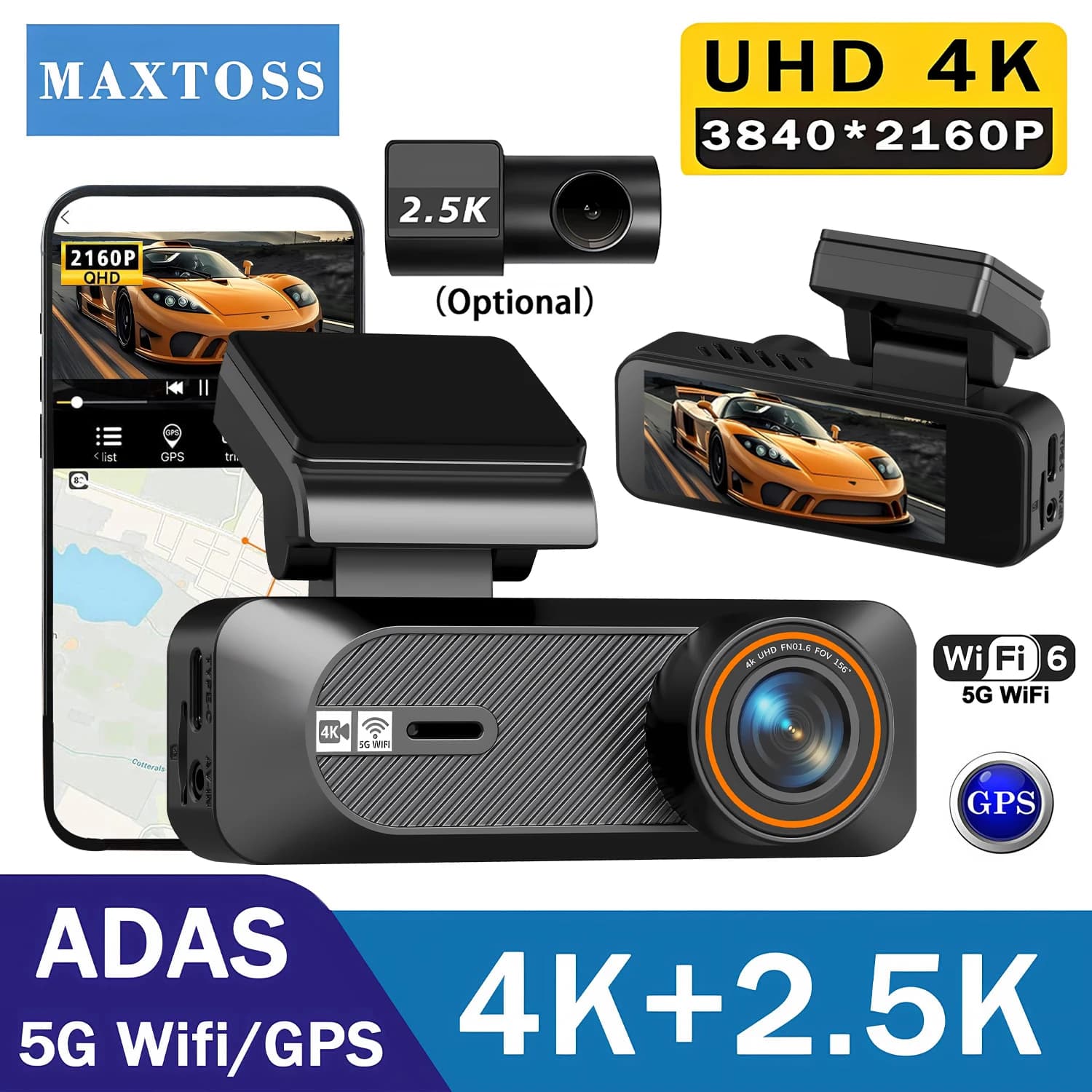 Dash Cam ADAS 4K+2.5K a Doppia Lente, WiFi 5G GPS, Anteriore 4K Posteriore 2.5K, Registratore Video DVR, Visione Notturna 24H, Telecamera per Auto, Scatola Nera
