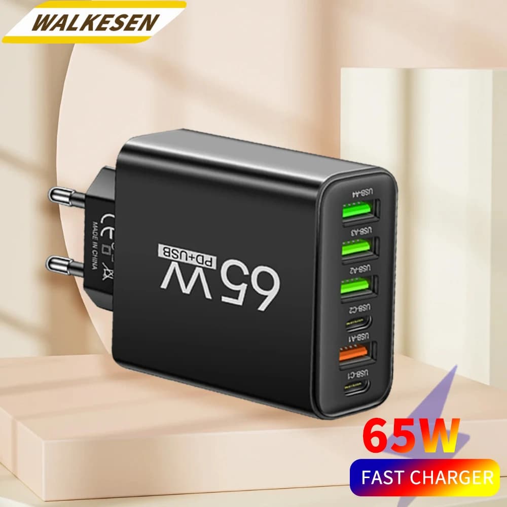 Caricabatterie USB da 65 W a 6 porte Caricabatterie a ricarica rapida Adattatore da viaggio di tipo C per iPhone 15 Pro Max Samsung Xiaomi 14 Caricabatterie a ricarica rapida