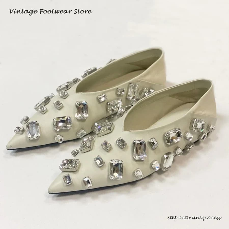 Crystal-embellished Leather Ballet Flats White Pointed Toe Flat with Bling Bling Mules Fashion Slip-on Jeweled Casual Shoes