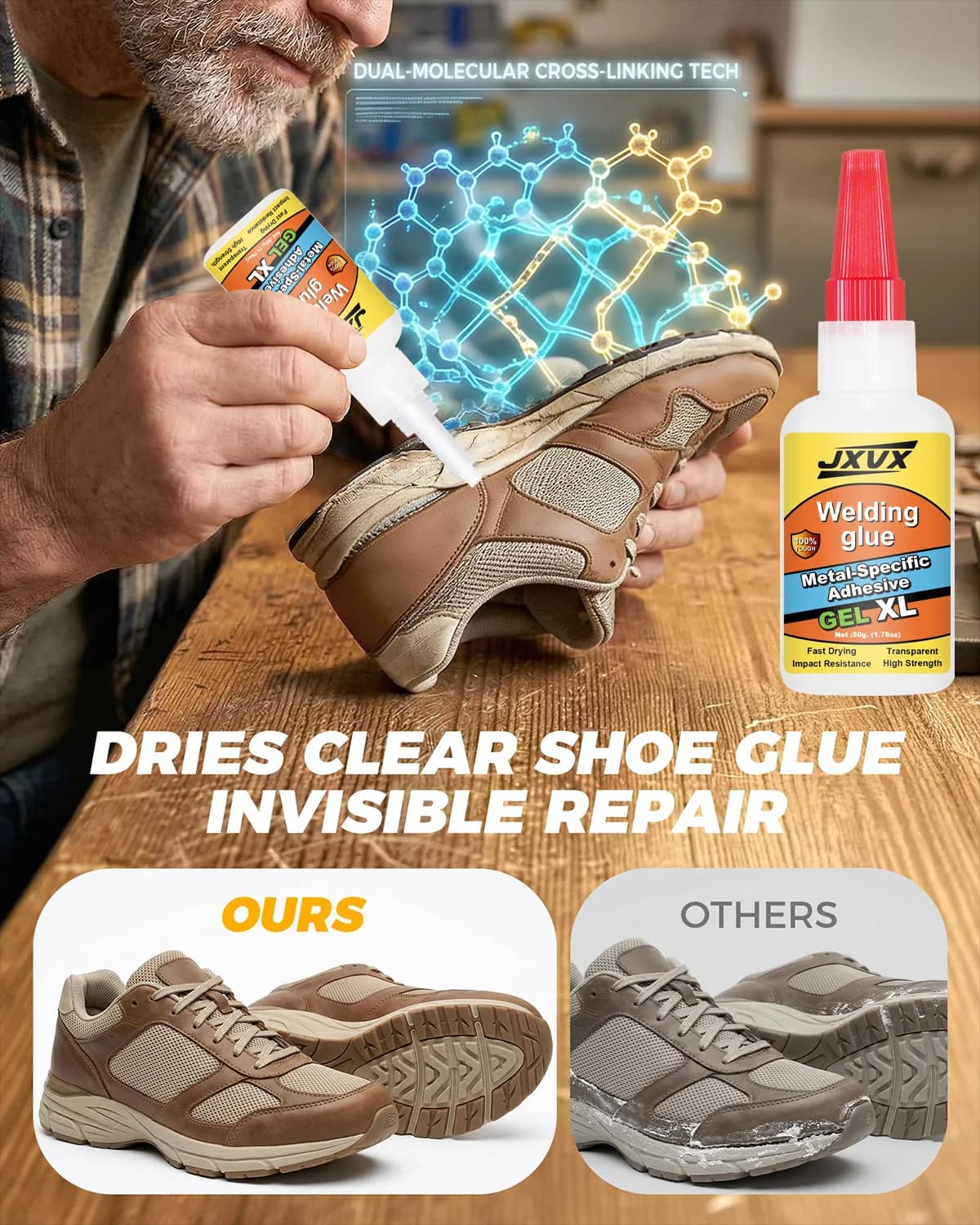 50g Transparent Shoe Repair Glue, Transparent Shoe Repair Adhesive, Strong Low-Odor Adhesive, Soft Resin Glue for Fixing Worn Shoes or Boots, Quick Drying