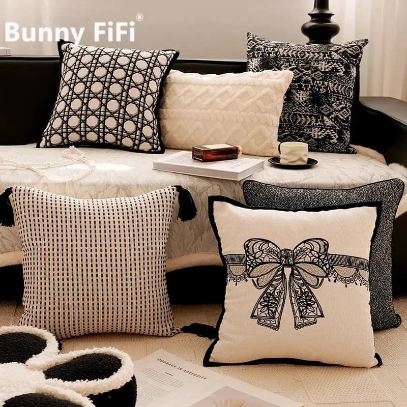 Nordic luxury geometric cushions with tassels, black and white, with bow, decorative, for sofa, bed, living room