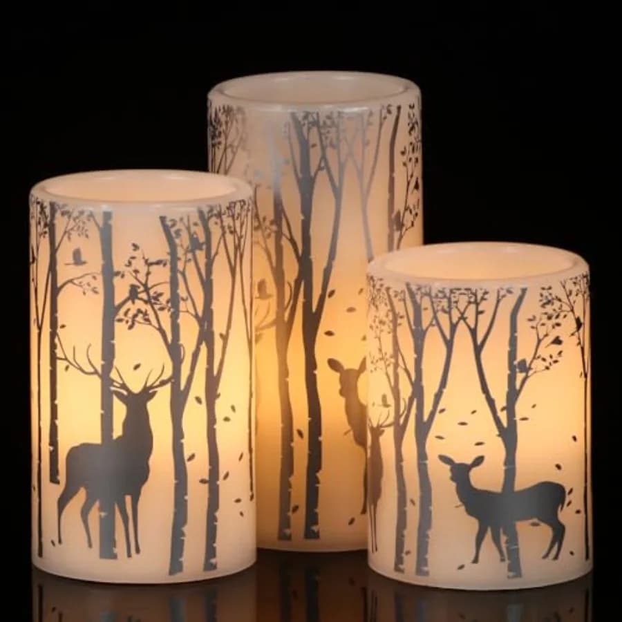 Candele Senza Fiamma con Timer, Candele LED Tremolanti per Natale, Cera Vera con Decorazioni di Cervi Argentati, Set da 3 Candele Finte a Colonna