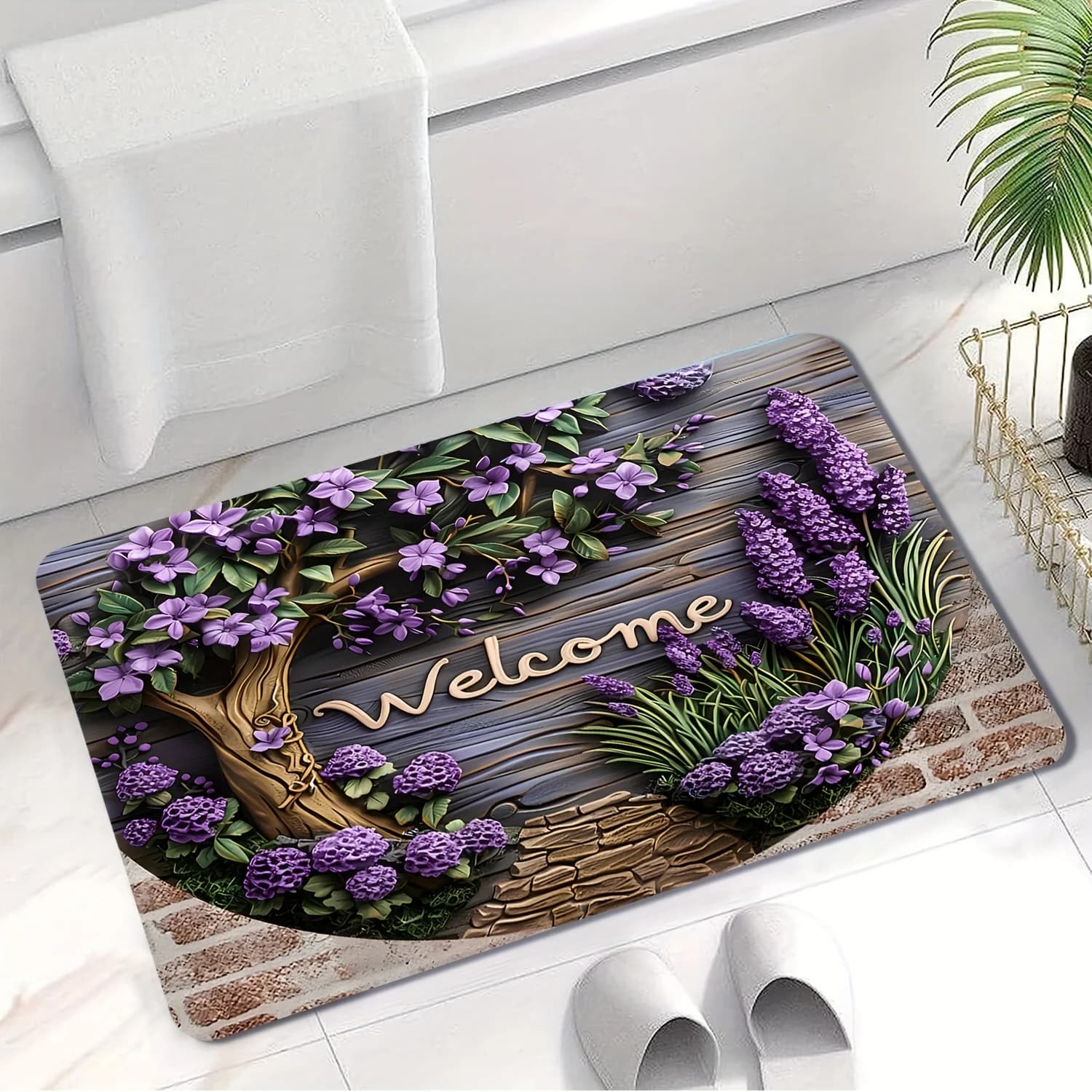 Lavender entrance carpet with welcome letter - Anti-slip carpet for yoga and home furniture, washable, for living room and bedroom
