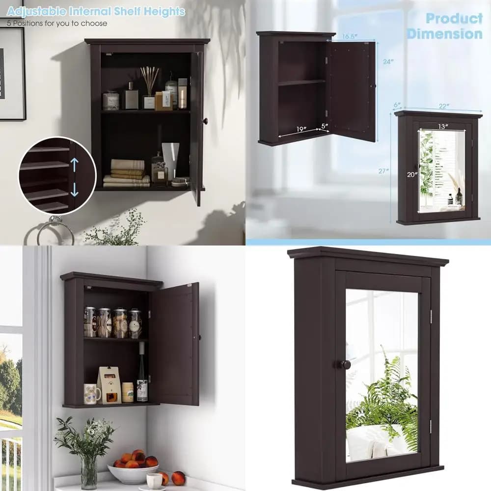 Armadietto a Specchio da Parete con Vano Portaoggetti Regolabile per Bagno, Soggiorno, Camera da Letto, Ingresso e Cucina