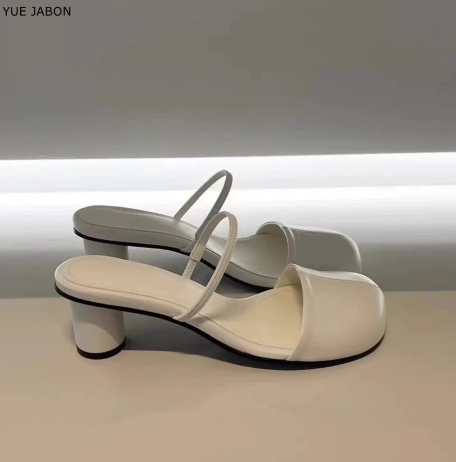 White Summer Cover Toe Women Mules Slippers Elegant Slip On Singbacks Slides Ladies Outdoor Street Style Round Heeled Sandalias