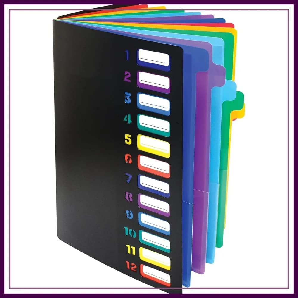 Cartella Portadocumenti Espandibile a 24 Tasche, Formato Lettera, Contiene 300 Fogli, Linguette Colorate, Organizzatore per Progetti, Nero