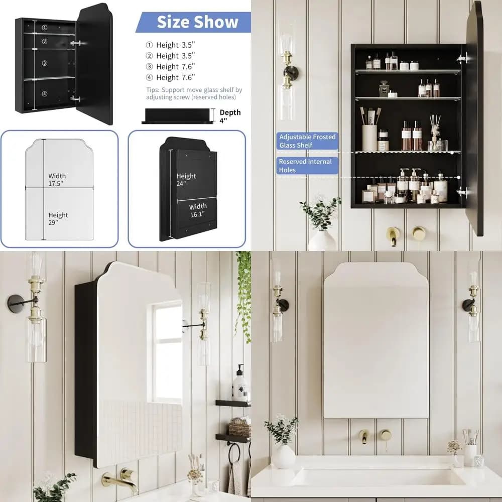 Mobile da Bagno Incassato Contemporaneo con Specchio Curvo, Nero, 17,5x29 Pollici