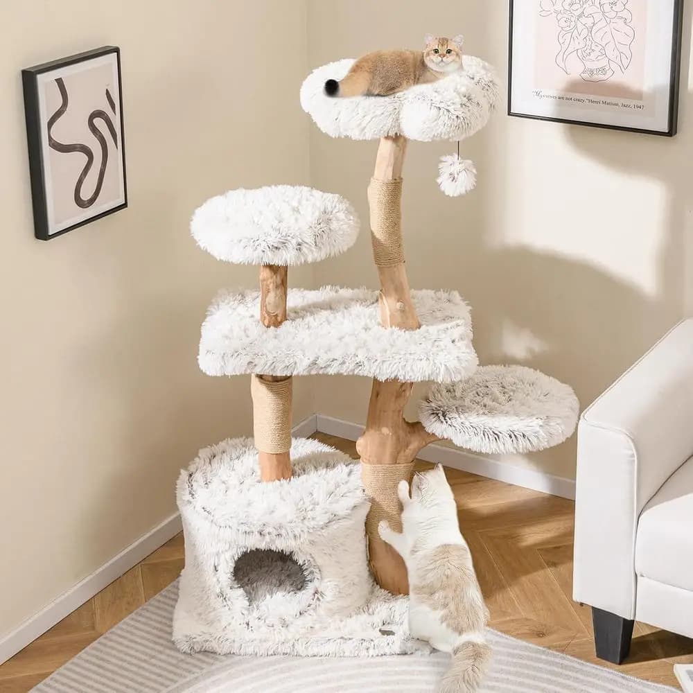 Albero per gatti moderno Tangkula, torre per gatti in legno con ramo naturale alto 53 pollici con tiragraffi in iuta, pesce persico in peluche, condominio, estetica