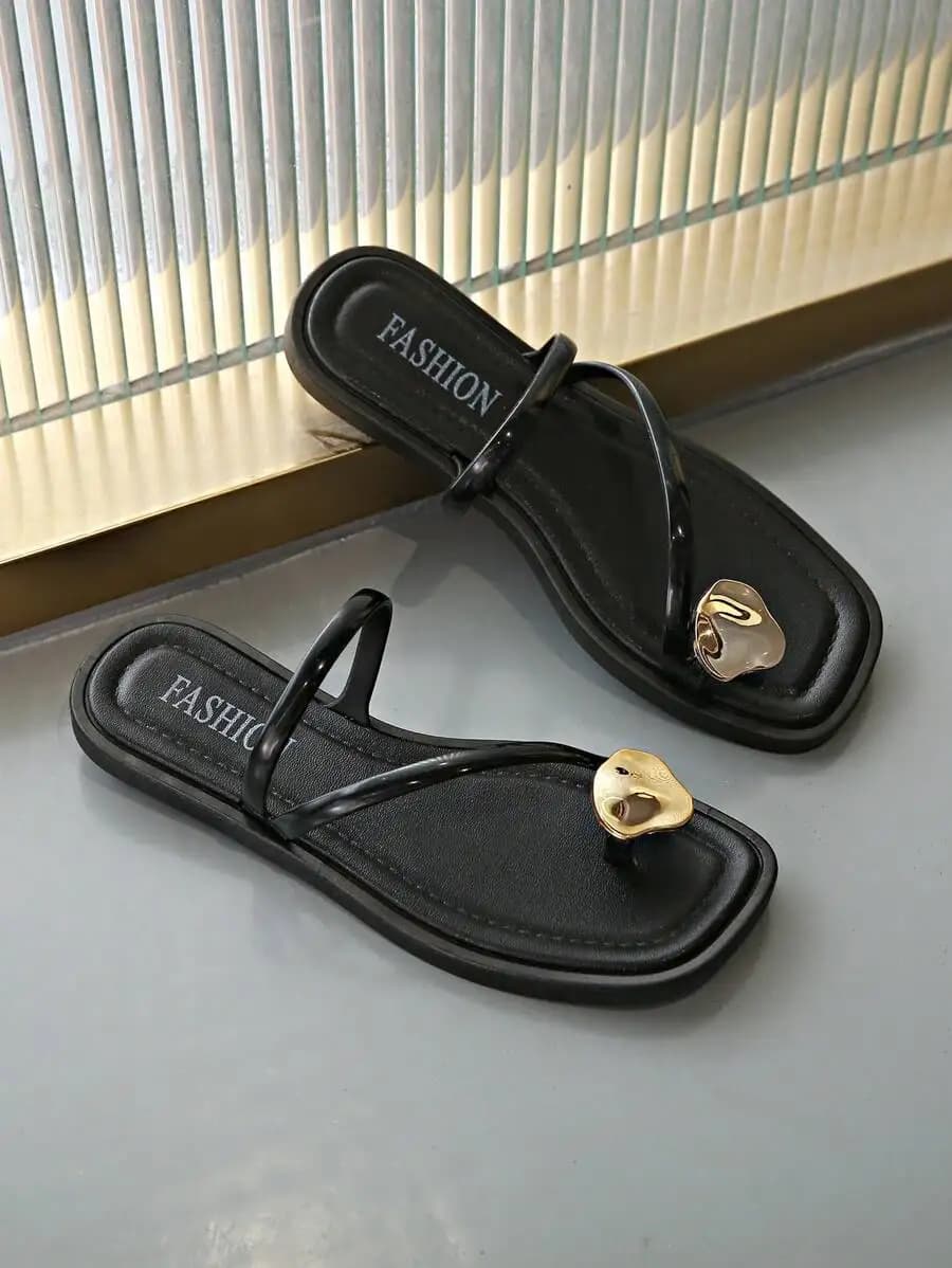 Womens Black Flat Square Toe Jelly Sandals With Metal Decoration Casual Slippers