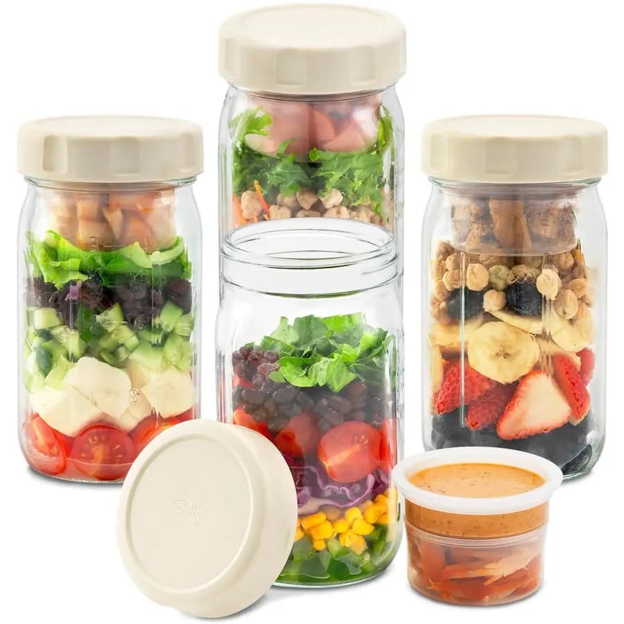 Set di 4 Barattoli in Vetro per Insalata con Coperchi, Contenitori Ermetici per Pranzo, Due Piccole Scatole Separate per Alimenti Umidi e Secchi