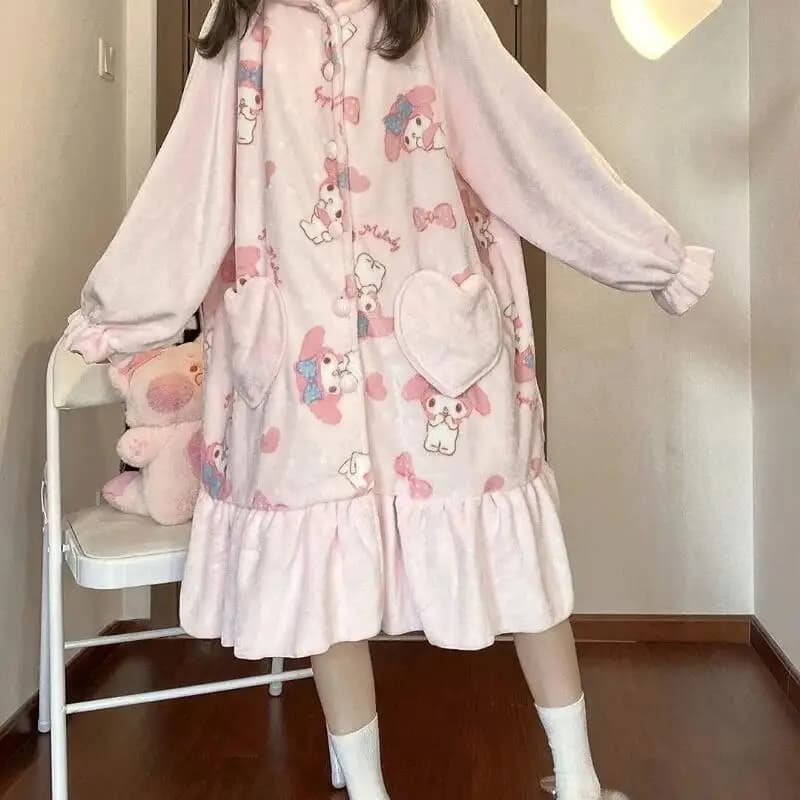 Hot My Melody Girl Cartoon Bathrobe Sanrio Princess Pigiama with Coral Velvet Cap Kawaii Leisure Clothing Fashionable Night Shirt New