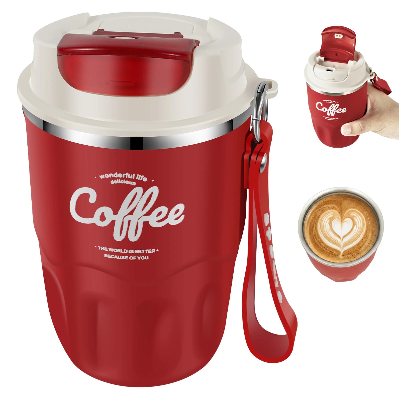 Portable Coffee Travel Mug Stainless Steel Insulated Coffee Vacuum Cup Leak-proof Coffee Flask with Hand Strap for Car Office