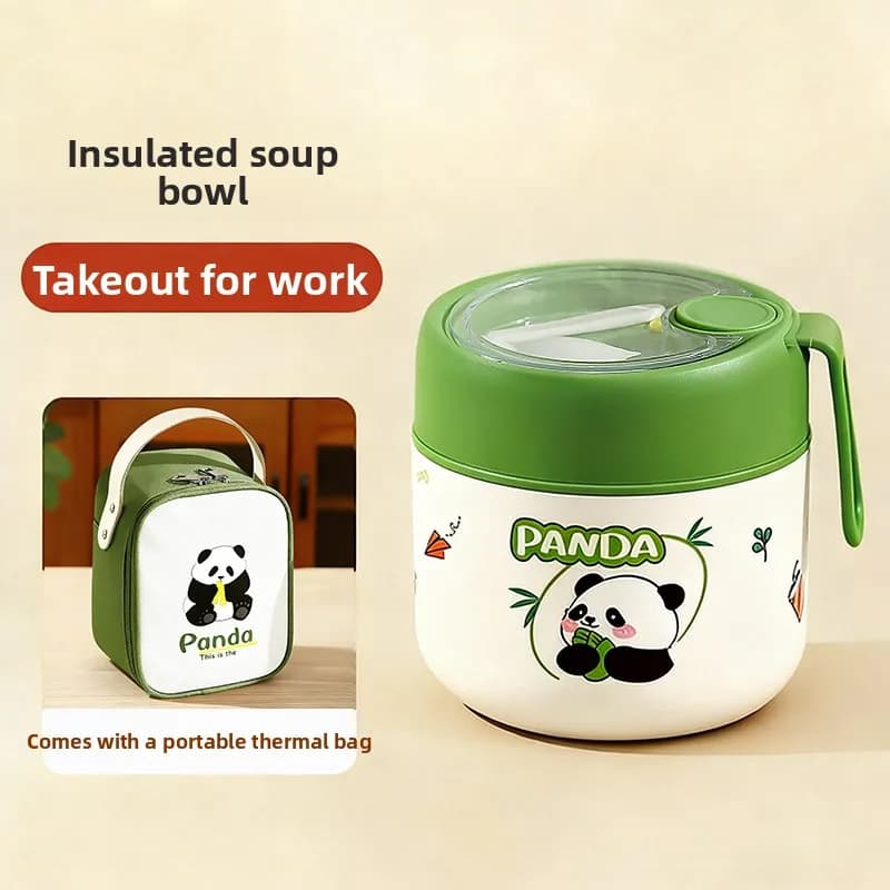 Contenitore termico portatile per il pranzo, simpatico panda cartone animato, in acciaio inossidabile, con tazza per la zuppa e maniglia per il trasporto, per bambini