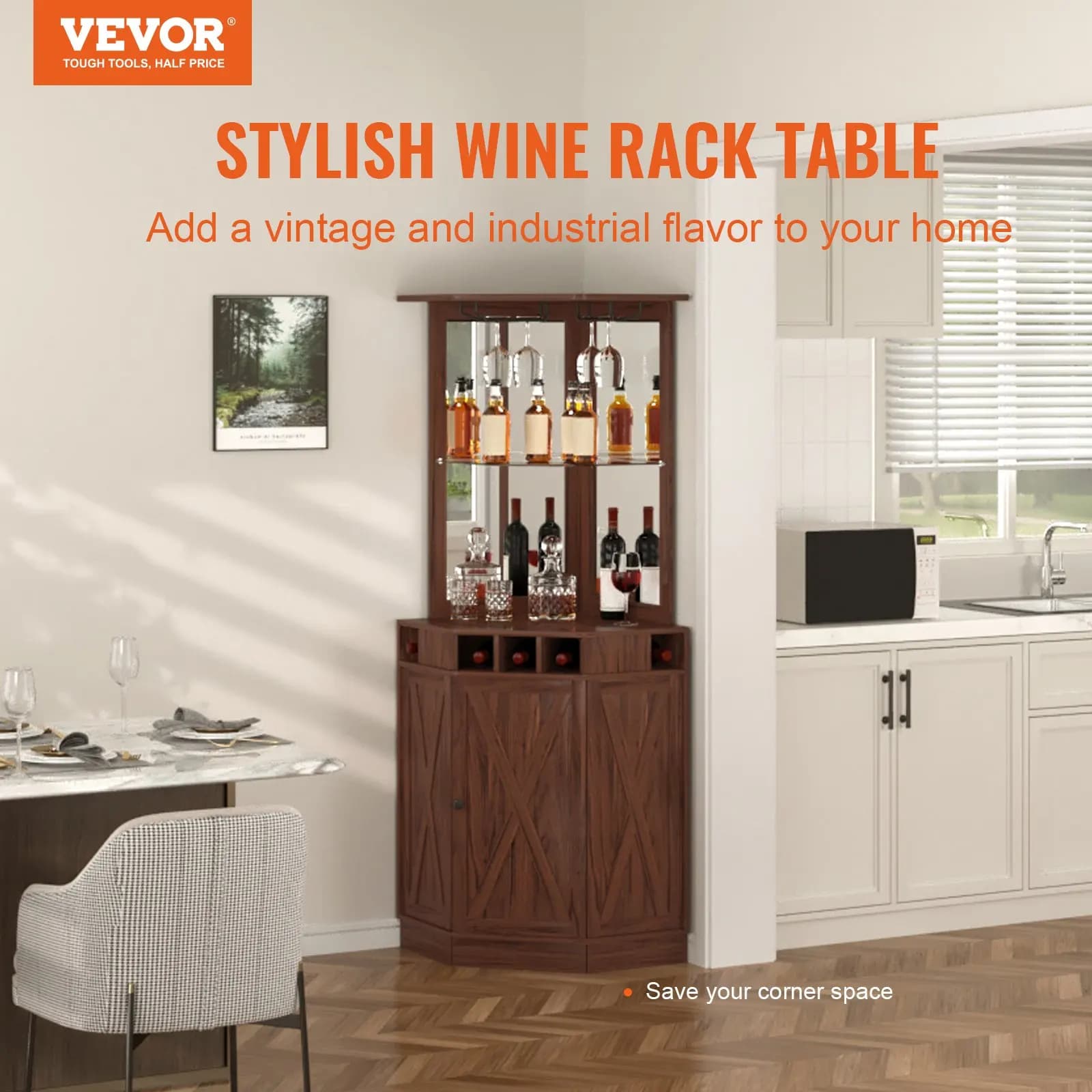 Mobile bar industriale ad angolo, tavolo per vino e liquori, credenza buffet con portabicchieri, autoportante
