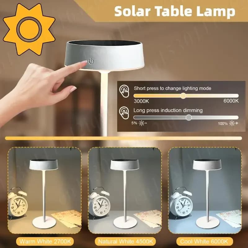 LED Solar Table Lamp Dimmable Waterproof Cordless Desk Lamp Rechargeable 3 Color Temperature Night Light for Garden Camping