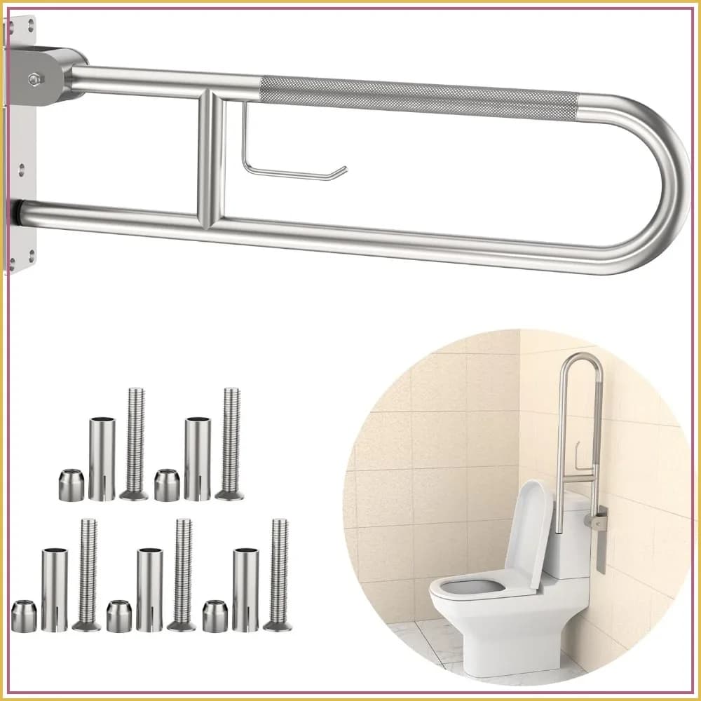 32 Inch Toilet Grab Bar, U Shaped Flip-Up Support Rail with Paper Holder, Stainless Steel Knurled Safety Handrails for Disabled Elderly