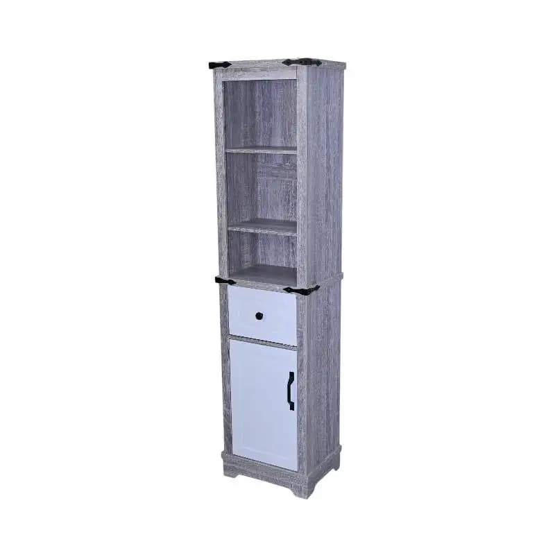 Mobiletto da bagno stretto, torre in lino da fattoria con ripiani regolabili e cassetto portaoggetti, organizer alto grigio e bianco