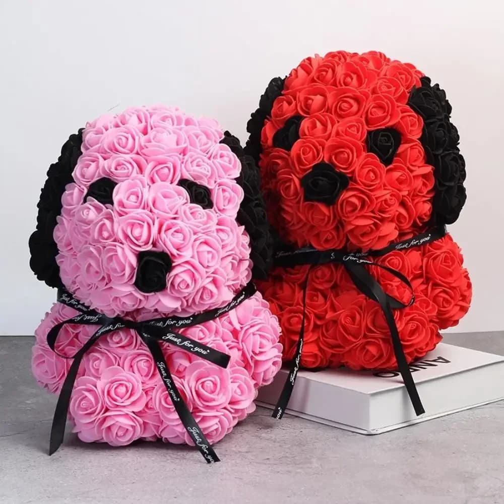 Cane di rose artificiali da 25 cm, decorazione natalizia per la casa, regalo di San Valentino per donne e mamme, cane di rose in schiuma di sapone