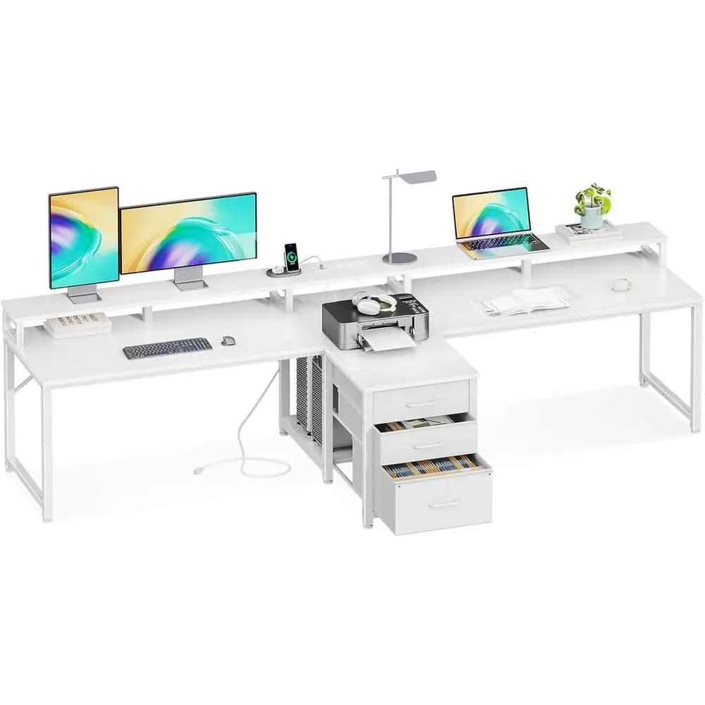Scrivania per Due Persone con Prese Elettriche e USB, Lunga Scrivania da Ufficio Domestico con Cassetti in Tessuto, Armadietto e Supporto Monitor, Bianca