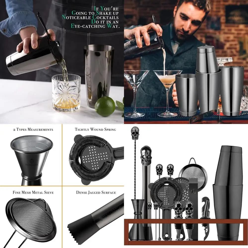 Kit da barista essenziale con supporto: set di shaker per cocktail, strumenti e accessori in argento