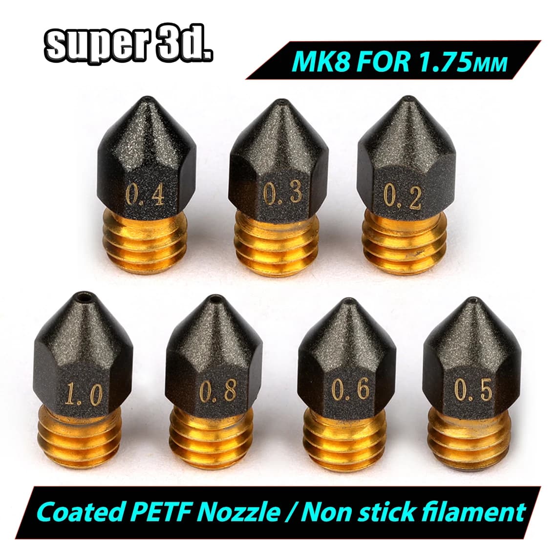Stampante 3D MK8 Ottone PTFE Ugello rivestito 0.2/0.3/0.4/0.5/0.6/0.8/1.0mm M6 Ugello filettato per filamento 1.75mm MK Hotend Estrusore