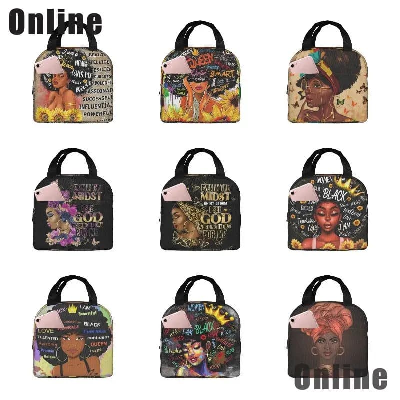 Afroamericano nero ragazza pranzo sacchetto compatto Tote Bag riutilizzabile pranzo scatola contenitore per le donne uomini scuola ufficio lavoro