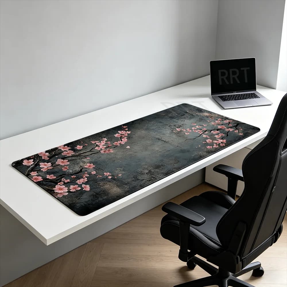 Tappetino per Mouse da Gaming Grande con Design Ramo Fiorito e Pittura a Inchiostro, Base in Gomma Antiscivolo Lavabile e Resistente alle Macchie