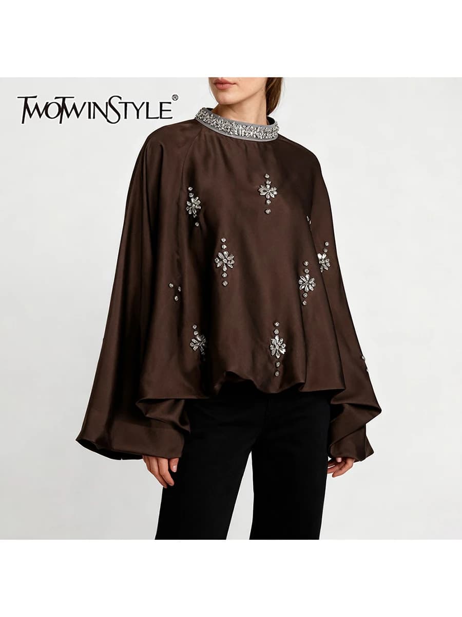 TWOTWINSTYLE Solid Workmanship Embellished Diamonds Elegant Shirts for Women Or Collar Long Sleeves Vintage Shirt Women Fashion