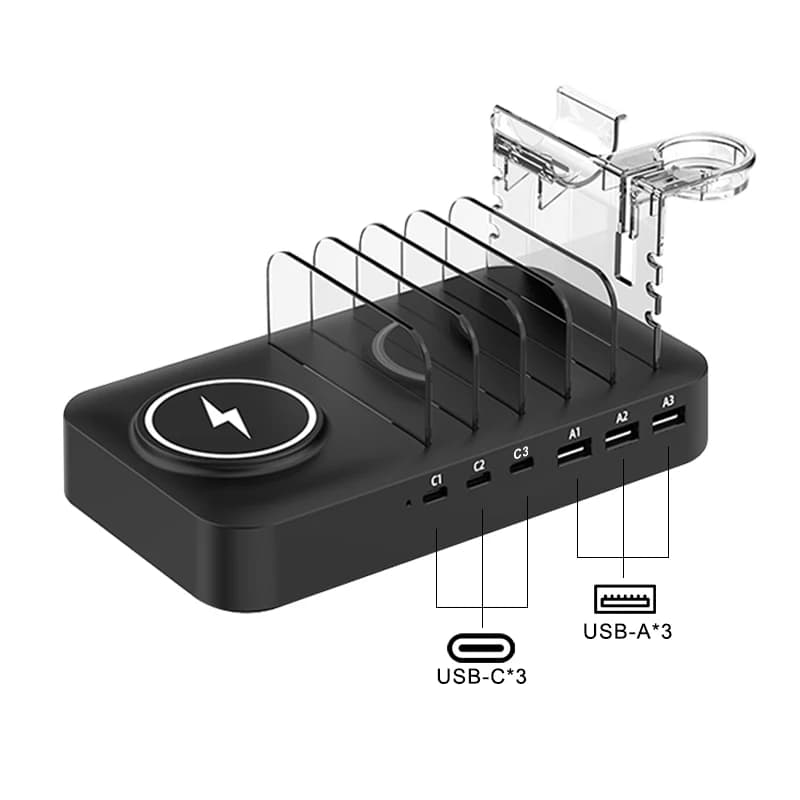 Stazione di ricarica multi USB Hub desktop a ricarica rapida a 6 porte da 65 W per iPhone Xiaomi Samsung iPad Watch