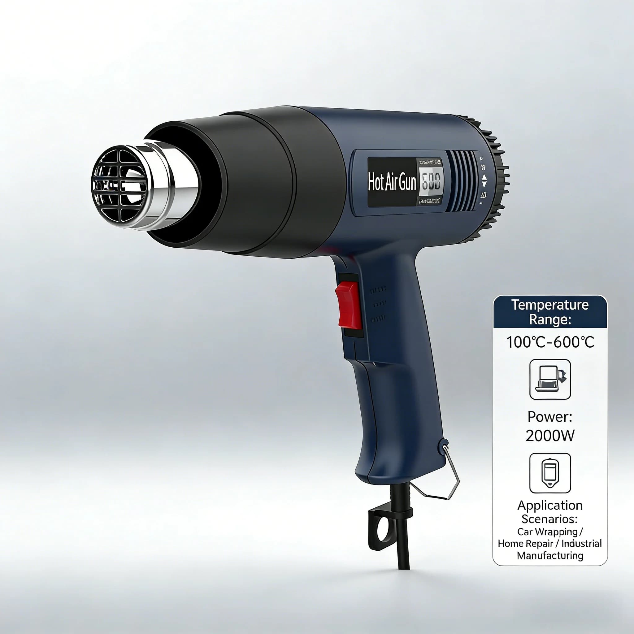 Pistola termica professionale da 2000 W per sverniciatura di vernice restringente in PVC fai-da-te con gamma di temperatura regolabile 60-600 ℃ E 4 ugelli